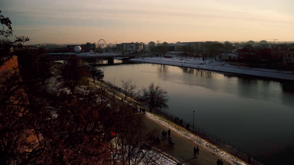Cracow cityscape in winter in Poland near vistula river during sunset sunrise alt