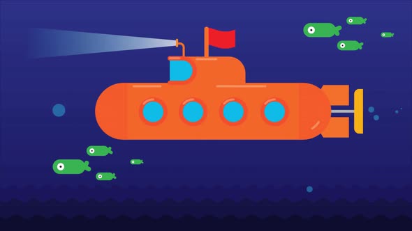 Underwater Submarine with Fishes. Animated video clip in High resolution.
