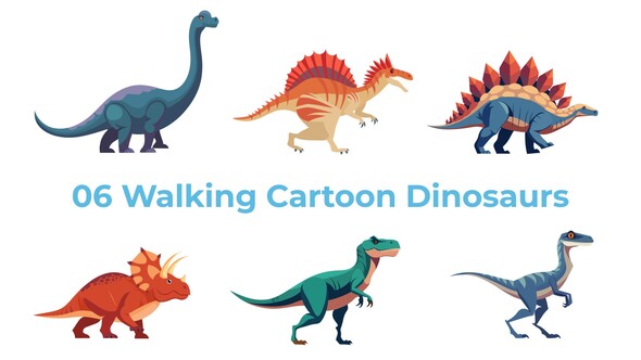 6 Walking Cartoon Dinosaurs Elements template preview