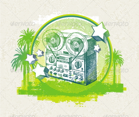 Grunge Illustration with Old Reel Recorder - Retro Technology