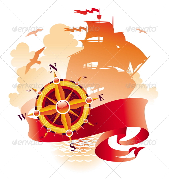 Adventures Design - Compass Rose & Sail Ship - Travel Conceptual