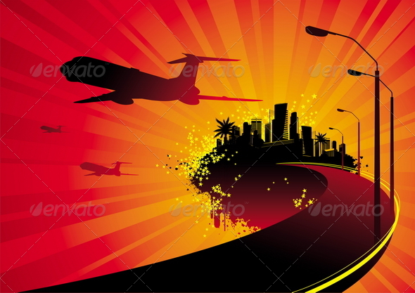 Road to City on Island and Airplane Silhouettes. - Travel Conceptual