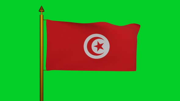 National flag of Tunisia waving with flagpole on chroma key, Republic of Tunisia flag alt
