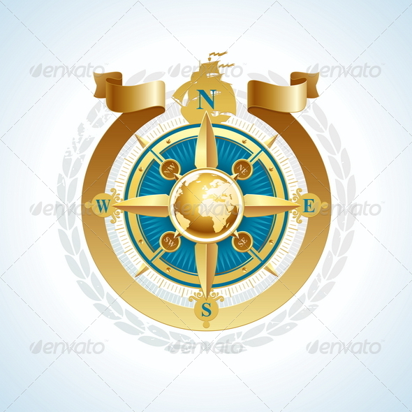 Golden Compass Rose with Globe and Ribbon - Travel Conceptual