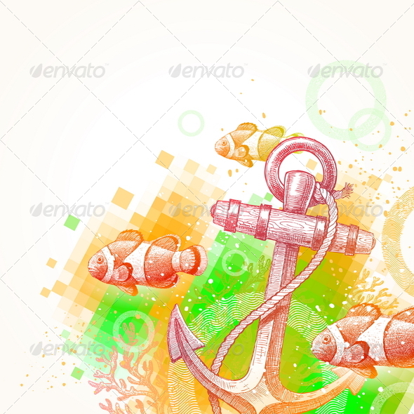 Hand Drawn Anchor and Tropical Fishes - Objects Vectors
