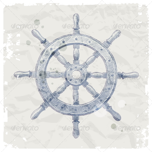 Hand Drawn Vintage Ship Steering Wheel - Retro Technology