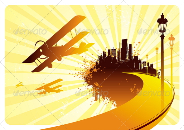 Silhouettes of Retro Biplane & Road to City - Retro Technology