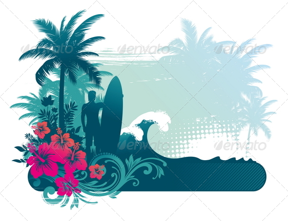 Surfer Silhouette on a Tropical Landscape - Sports/Activity Conceptual