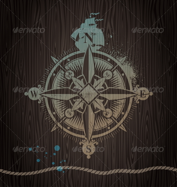 Vector Compass Rose Painting on a Wooden Wall - Travel Conceptual