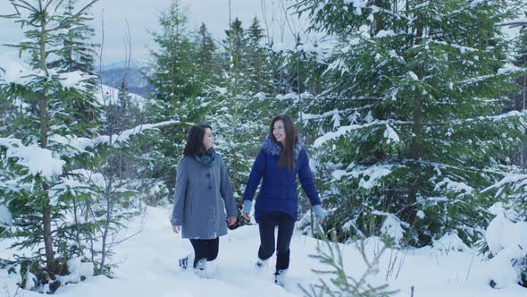 Girls talking and walking in the forest alt