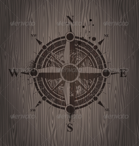 Vector Compass Rose Painting on a Wooden Wall - Travel Conceptual
