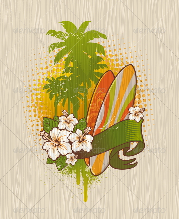 Tropical Surf Emblem Painting on a Wood Board - Nature Conceptual