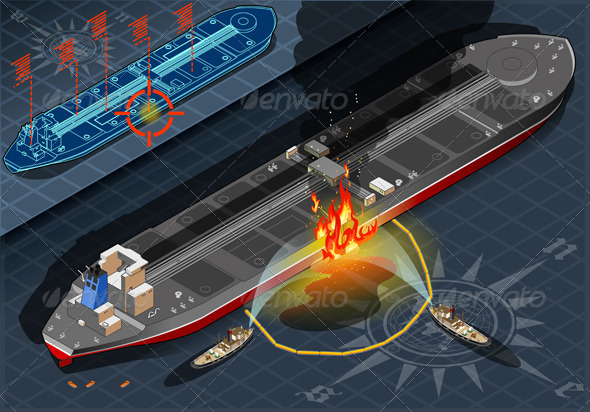Isometric Oil Tanker Fire Disaster in Rear View - Objects Vectors