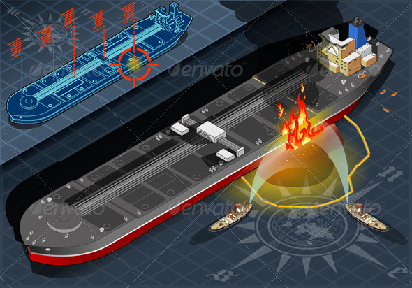 Isometric Oil Tanker Fire Disaster in FrontView - Objects Vectors
