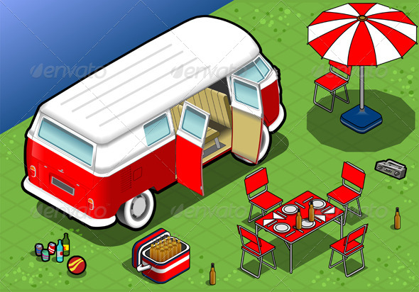 Isometric Bicolor Van in Camping in Rear View - Objects Vectors