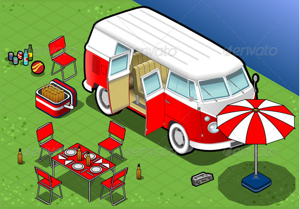 Isometric Bicolor Van in Camping in Front View - Objects Vectors