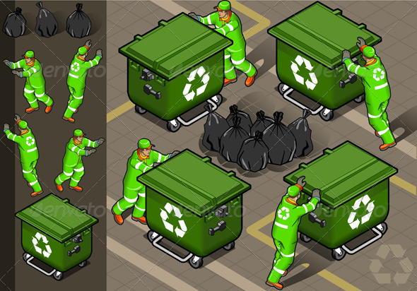 Isometric Set of Garbage Men in Four Positions - People Characters