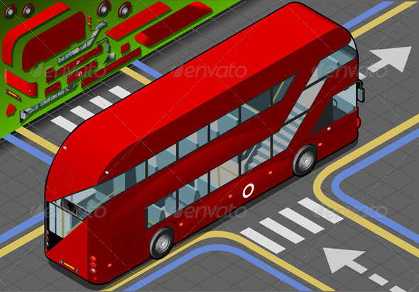 Isometric Double Decker Bus in Rear View - Objects Vectors