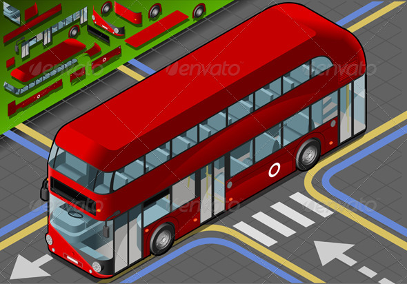 Isometric Double Decker Bus in Front View - Objects Vectors