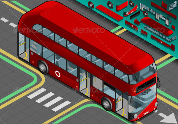 Isometric Double Decker Bus with Open Doors - Objects Vectors