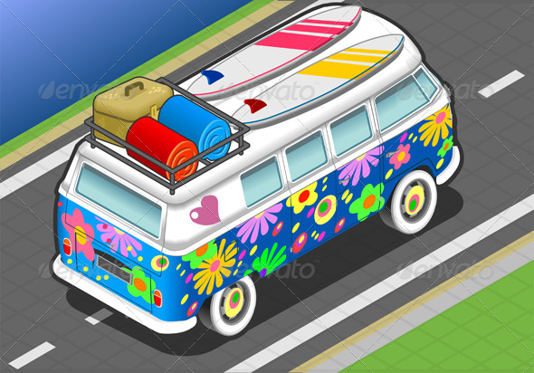 Isometric Flower Van in Rear View - Objects Vectors