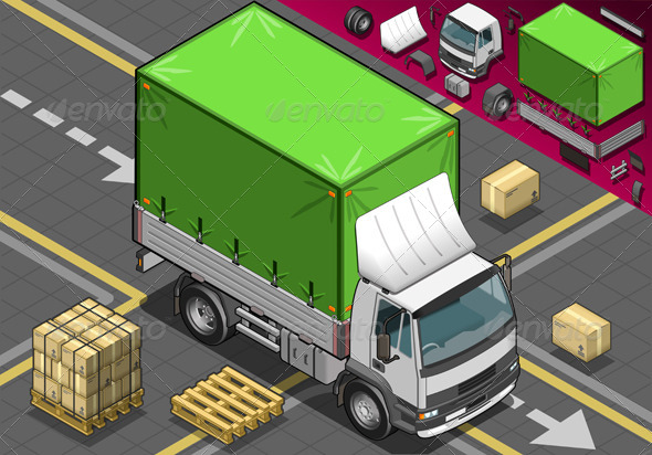 Isometric Pick Up Truck with Tarpaulin - Objects Vectors