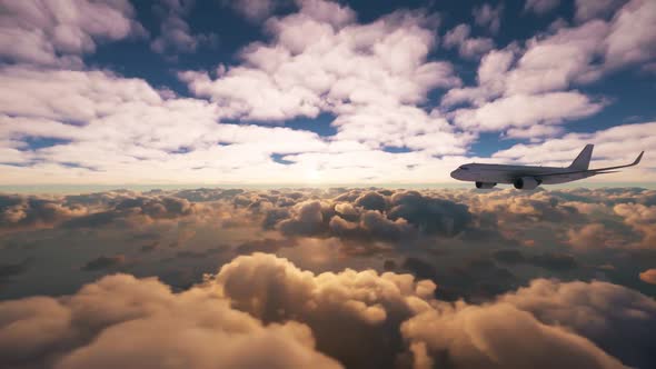 Aerial  and wide lens view of a commercial plane in flight over the sea