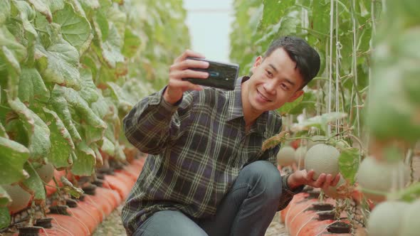 Asian Farmer Selfie With Melon In Greenhouse Melon Farm alt