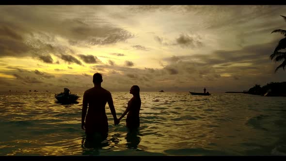 Guy and girl tan on luxury lagoon beach journey by blue water and clean sand background of the Maldi alt