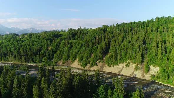 Aerial view of mountain river flowing in the green valley. Travelling in the summer