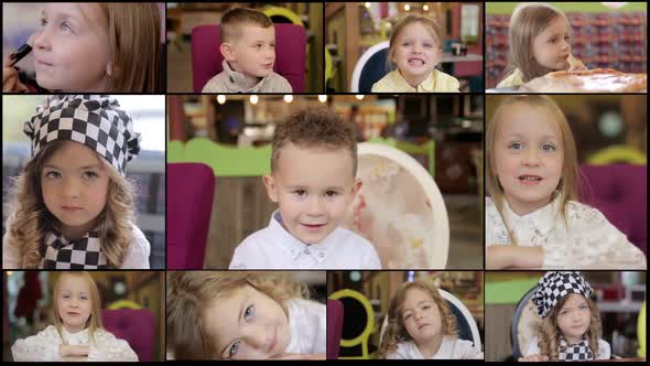 Children's video collage, various images in the form of a large video wall of the TV alt