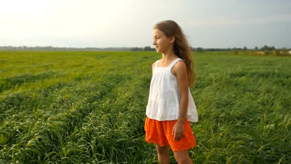 Child, Little Girl Standing in a Green Grassy Field, the Wind Blows Her Hair