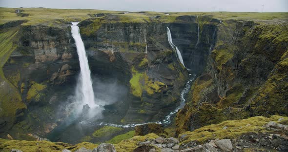 Dramatic Landscape of Haifoss Waterfall in Landmannalaugar Canyon Iceland alt