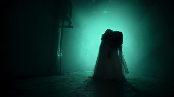 Dead Walking Zombie Woman in Dark Corridor and Mist Closeup alt
