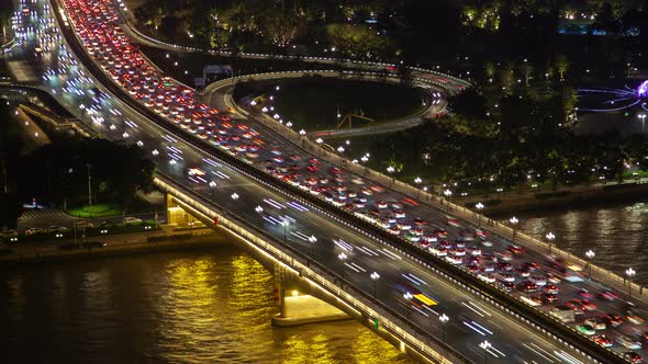 Guangzhou Bridge Night Highway Traffic Aerial Cityscape Panorama China Timelapse Pan Up alt