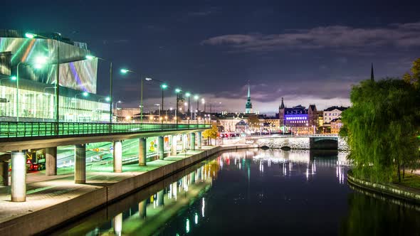 Stockholm City Bridge at Night Time Lapse