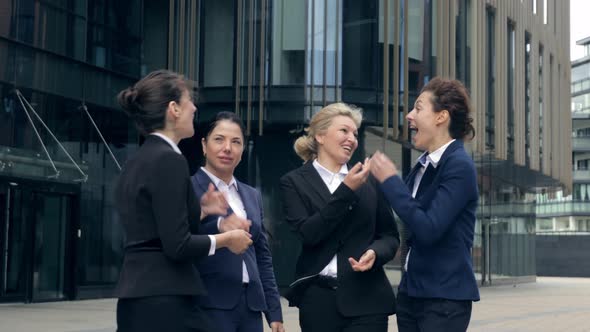 Happy Business Team Women Talking Laughing Together Modern Office on the Background, Cheerful Female
