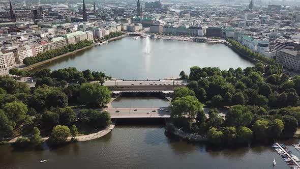 Aerial View of Lake Alster in the Center of Hamburg. Geramania in the Summer