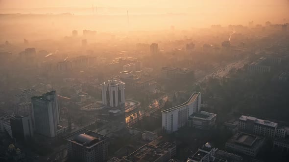 Aerial drone view of Chisinau downtown. Panorama view of multiple buildings, Parliament, Presidency, alt