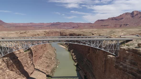 Aerial of Navajo Bridge crossing the Colorado River alt