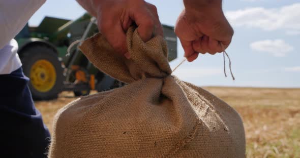 Wheat Field. Men's Hands Tie A Bag Of Wheat. Harvesting