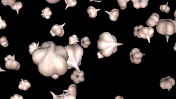 Falling heads of garlic on a black background 3D animation