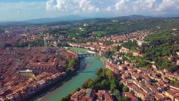Verony Italy Skyline Aerial Footage in . View of Riva and Bridge in Verona City. Left Side Old Town alt