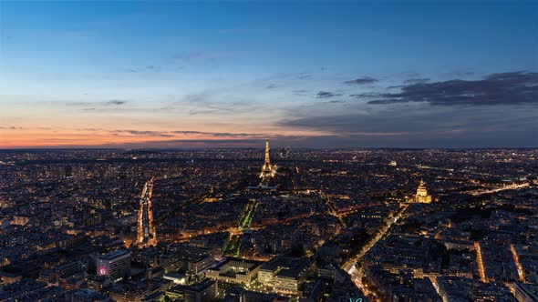 Paris, France, Timelapse - Wide angle view of Paris from Day to Night