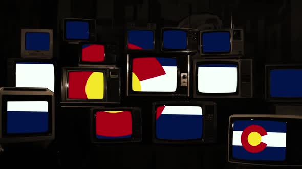 Stacked Retro TVs Displaying Flag of State of Colorado, USA on Screens alt