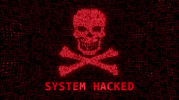 Skull with bones made from letters with broken technology glitch. software piracy, alt