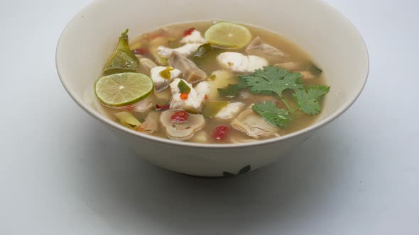 Close-Up Footage of Clear Tom Yum Soup With Sea Bass and Mushroom, The Famous Thai Food Well Known B alt