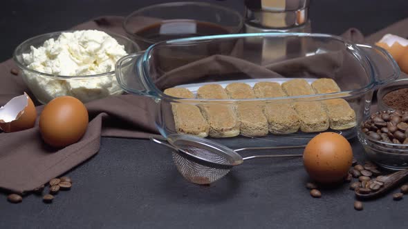 Ingredients for Traditional Tiramisu Cake on Concrete Background alt