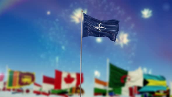 nato Flag With World Globe Flags And Fireworks alt