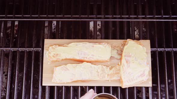 Step by step. Grilled salmon on plank in dijon mustard alt
